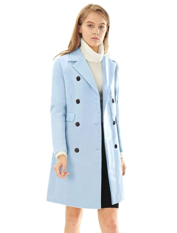 Allegra K Women's Winter Coat Elegant Notched Lapel Double Breasted Trench Coat Blues XL