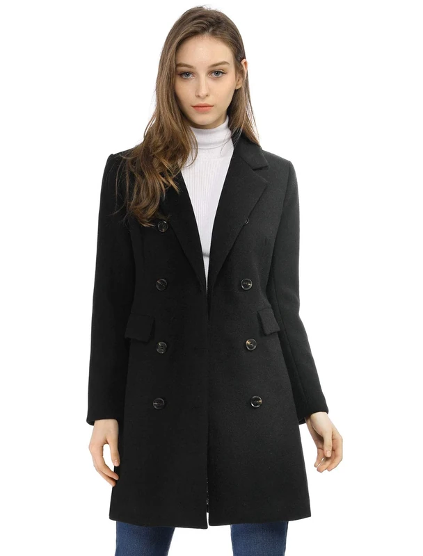 Allegra K Women's Winter Coat Elegant Notched Lapel Double Breasted Trench Coat Blacks S
