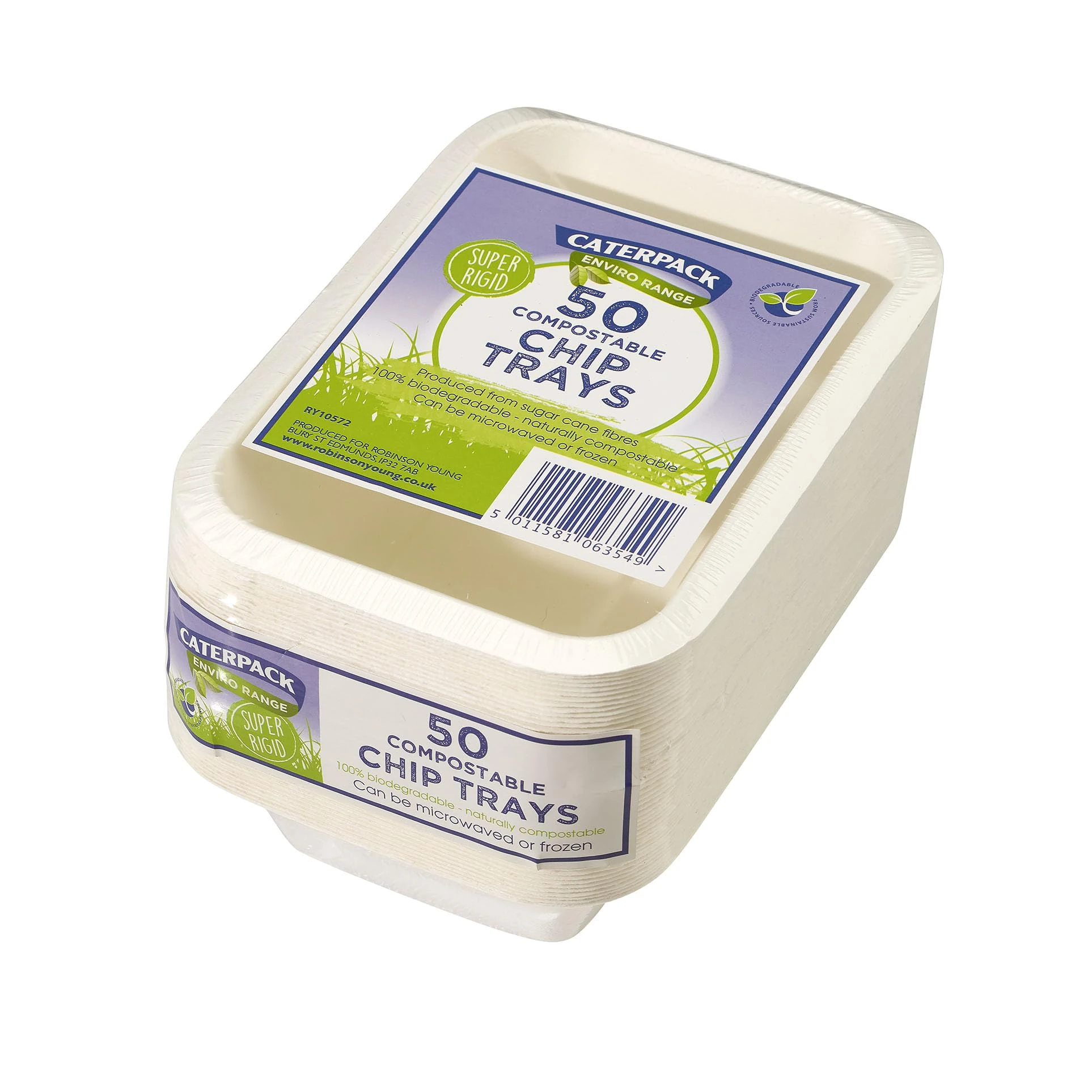 Caterpack Enviro Range Chip Trays 7 x 5 50 Pack. Disposable, Biodegradable chip Trays. Suitable for microwaving and Freezing, Water Repellent and greaseproof