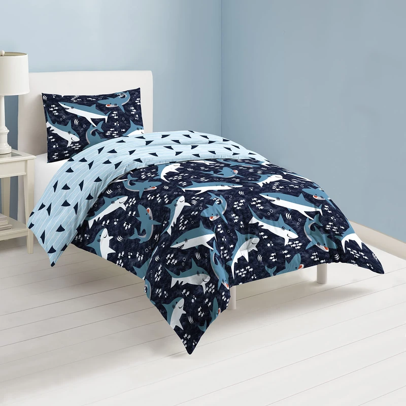 dream FACTORY Easy-Wash Super Soft Cotton Comforter and Pillow Sham Set, Navy Sharks, Twin