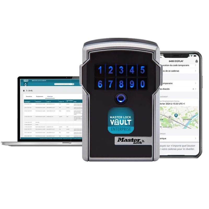 MASTER LOCK Smart Connected Key Safe Wall Mounted, Bluetooth or Combination, Medium 83 x 127 x 59 mm, Outdoor, for professionals, Black and Grey