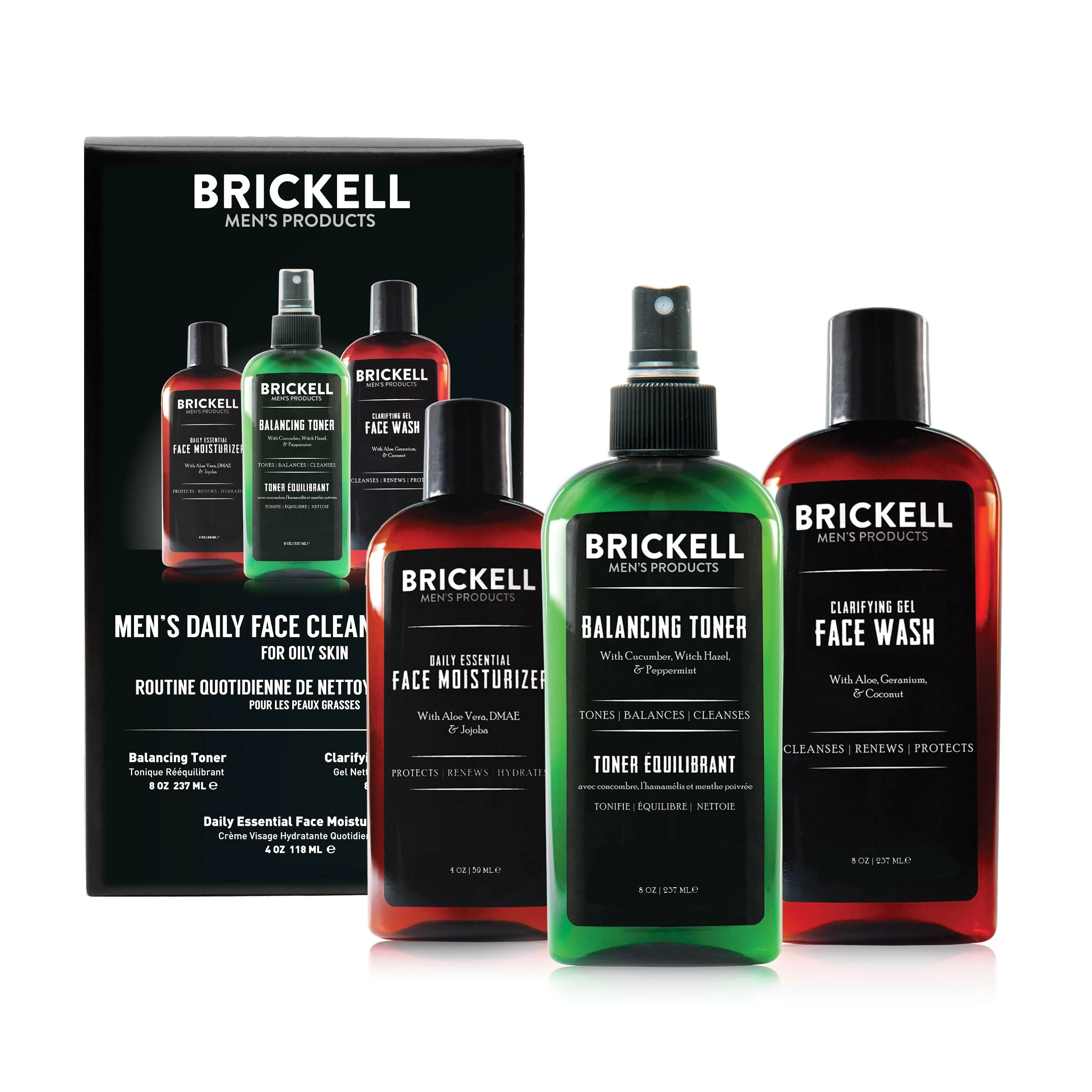 Brickell Men's Daily Face Cleanse Routine for Oily Skin, Alcohol Free Toner, Gel Facial Wash and Moisturizer, Natural and Organic, Scented