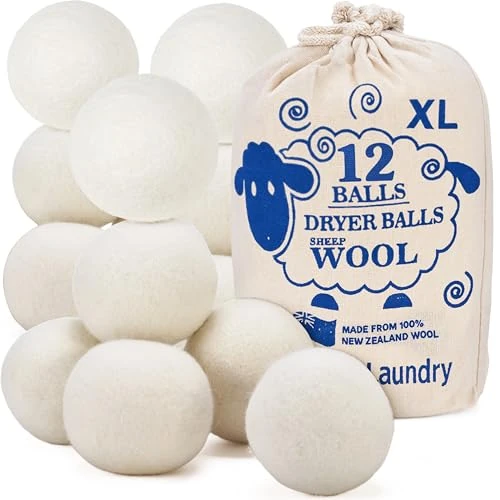 Wool Dryer Balls - Natural Fabric Softener, Reusable, Reduces Clothing Wrinkles and Saves Drying Time. The Large Dryer Ball is a Better Alternative to Plastic Balls and Liquid Softener. (Pack of 12)
