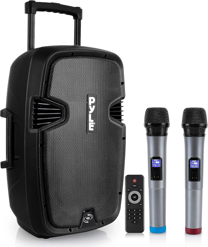 Pyle Portable PA System, Powerful Bluetooth Speaker with 2 Wireless Mics, Trolley Handle & Wheels, Long Battery Life, Enhanced Audio for Karaoke, DJs, Events & Public Speaking