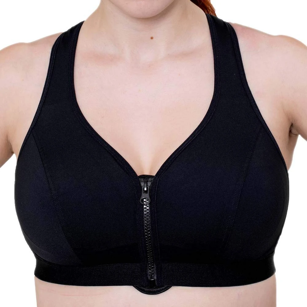 Gemm by Allsortz Ladies Black Zip Front Fastening Sports Bra High Impact Non Wired Active Gym (34 DD)