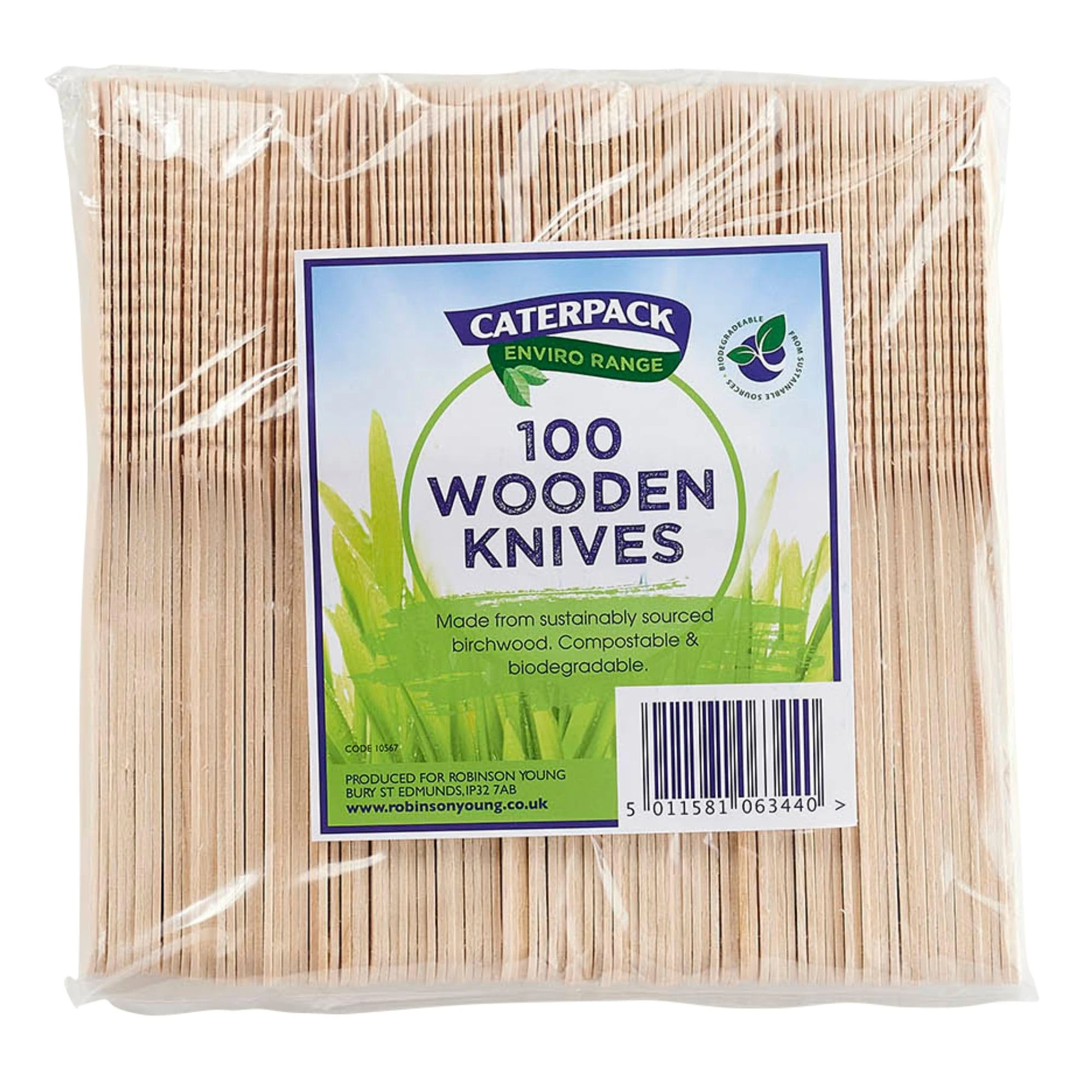 Caterpack Enviro Range Wooden Knives Made from sustainably sourced Birchwood, compostable and Biodegradable, 100 Pack