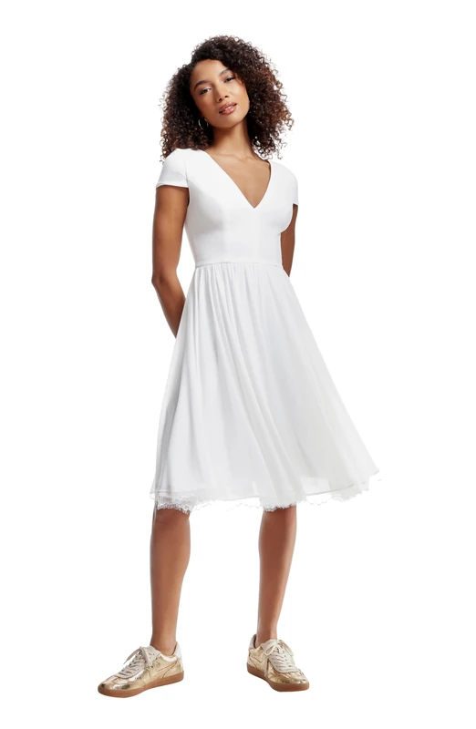 Dress the Population Women's Plunging Mix Media Cap Sleeve A-line Midi Dress, White-Corey, L