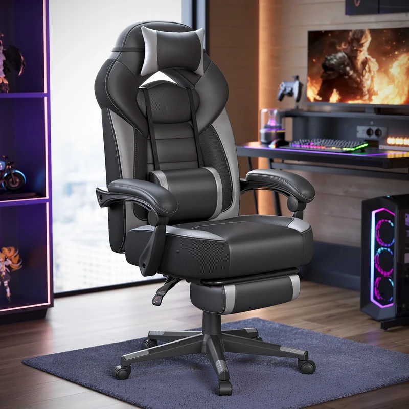 SONGMICS Gaming Chair, Office Racing Chair with Footrest, Desk Chair, Ergonomic Design, Adjustable Headrest, Lumbar Support, 150 kg Load Capacity, Black and Grey OBG77BGUK
