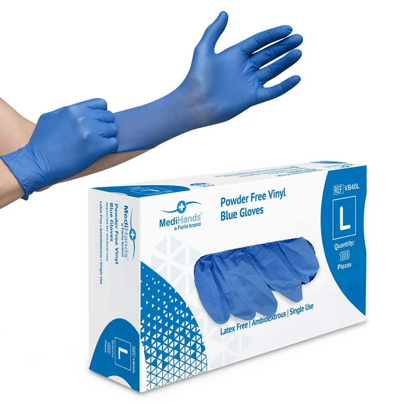 Farla MediHands Blue Large Vinyl Gloves - Box of 100 Disposable Vinyl Medical Glove - Powder, Latex, & Protein Free Glove - Multi-Purpose, Single Use Surgical Gloves