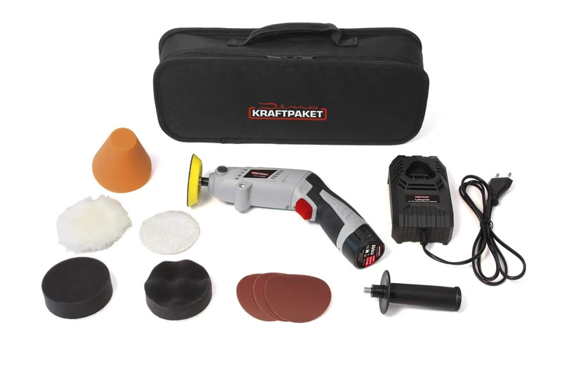 Dino Power Pack 640256 10.8 V Battery Polishing Machine Multiplex 75 mm Plate 600-3,000 rpm with Rotatable Housing for Rod or Pistol Shape Complete Set of Pads Polishing Pad Quick Charger Bag Grey