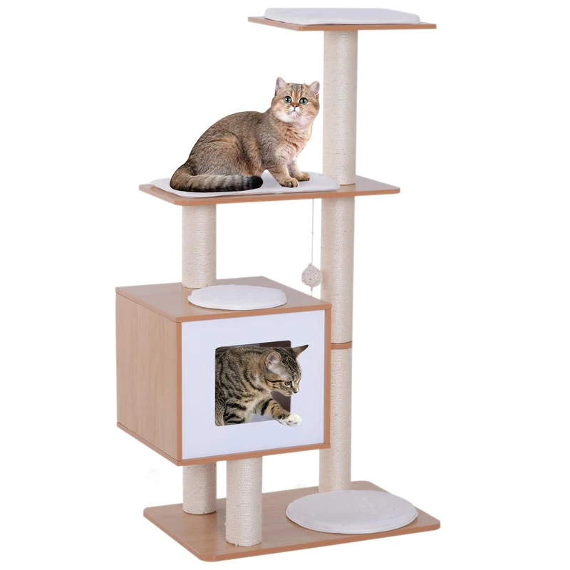pawhut Wood Cat Tree Scratching Post for Indoor Cats Kitten House Condo Activity Center w/Cushion Hanging Toy Multi-level - Image 1