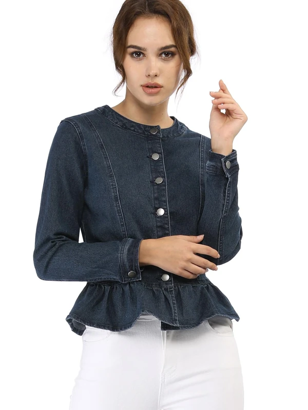 Allegra K Women's Denim Cropped Ruffle Round Neck Button Down Long Sleeve Peplum Jacket Blue L