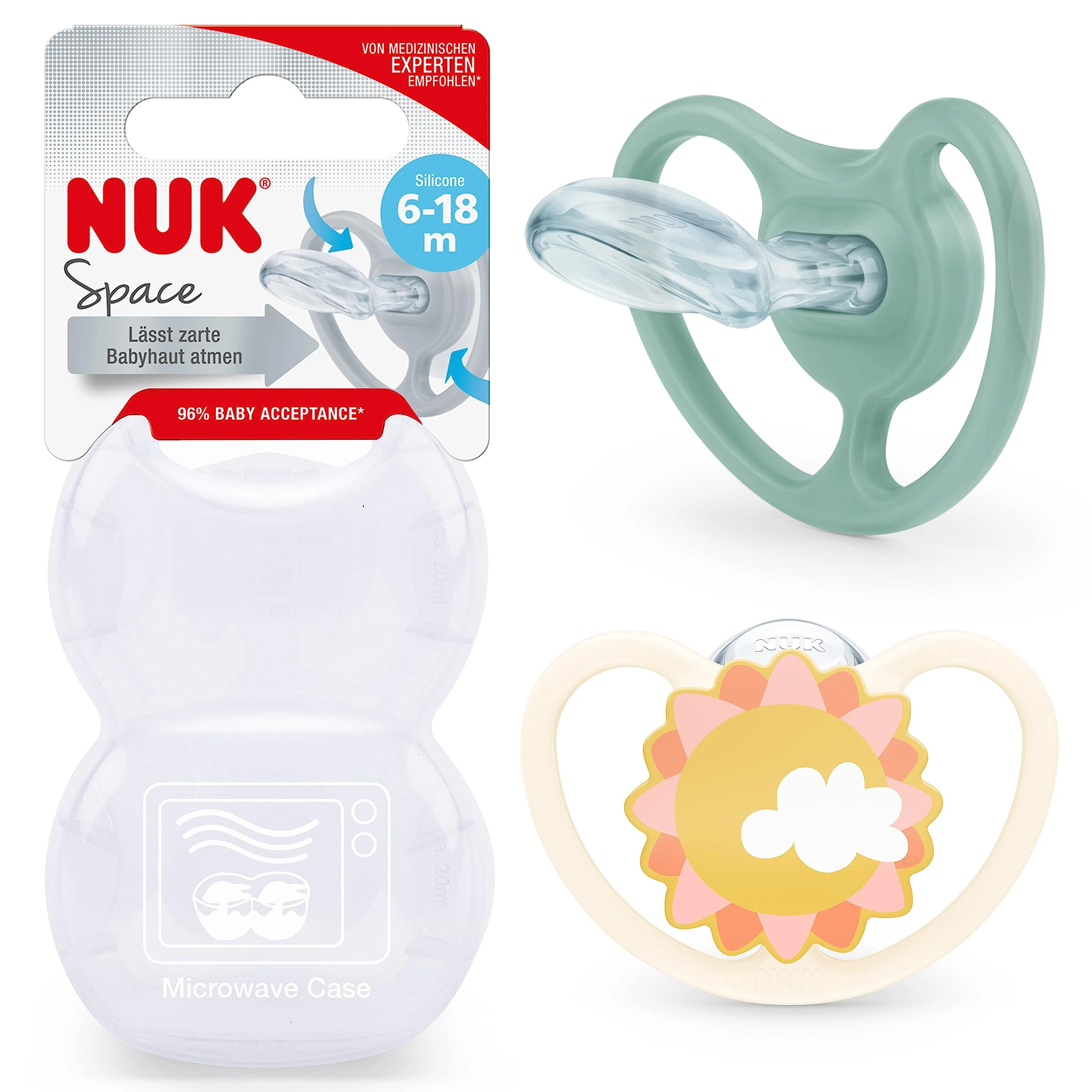 NUK Space Dummy | 6-18 Months | Dummy with Extra Large Vents | BPA Free Silicone | 2 Units | Bear/Whale or Cat/Penguin (Various Designs)