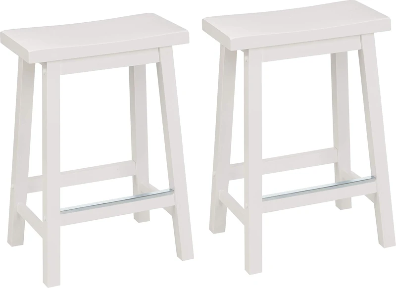 Amazon Basics Set of 2 Solid Wood Kitchen Counter Short Bar Stool, Dining Chair, Easy Assembly, Modern, 61 cm Tall, White