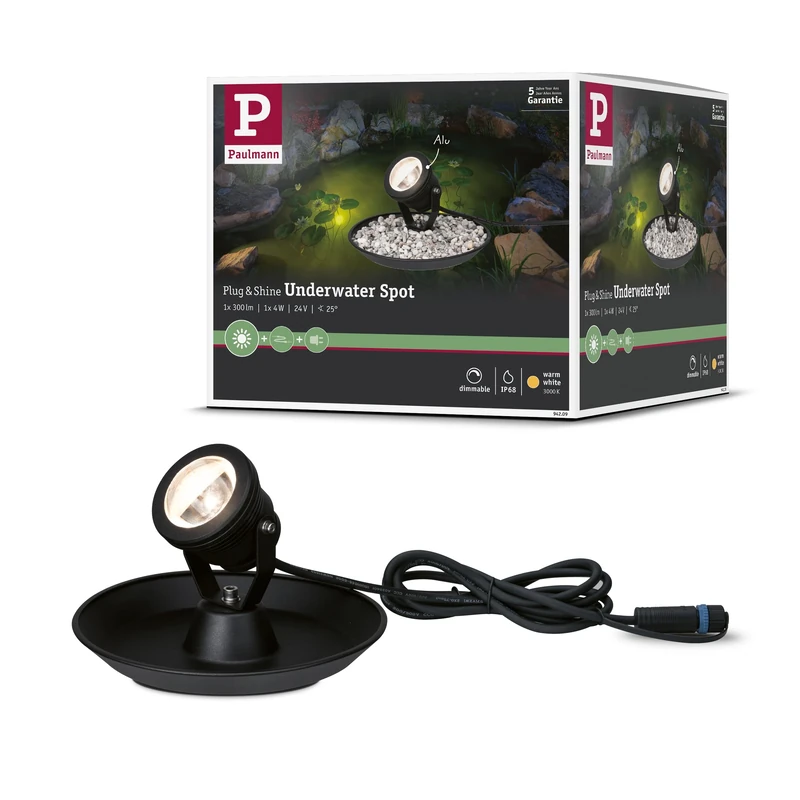 Paulmann 94209 Plug & Shine LED Exterior luminaire Underwater Spotlight Round incl. 1x2,8 watt IP68 dimmable Outdoors Black Garden luminaire Aluminium Garden Light 3000 K
