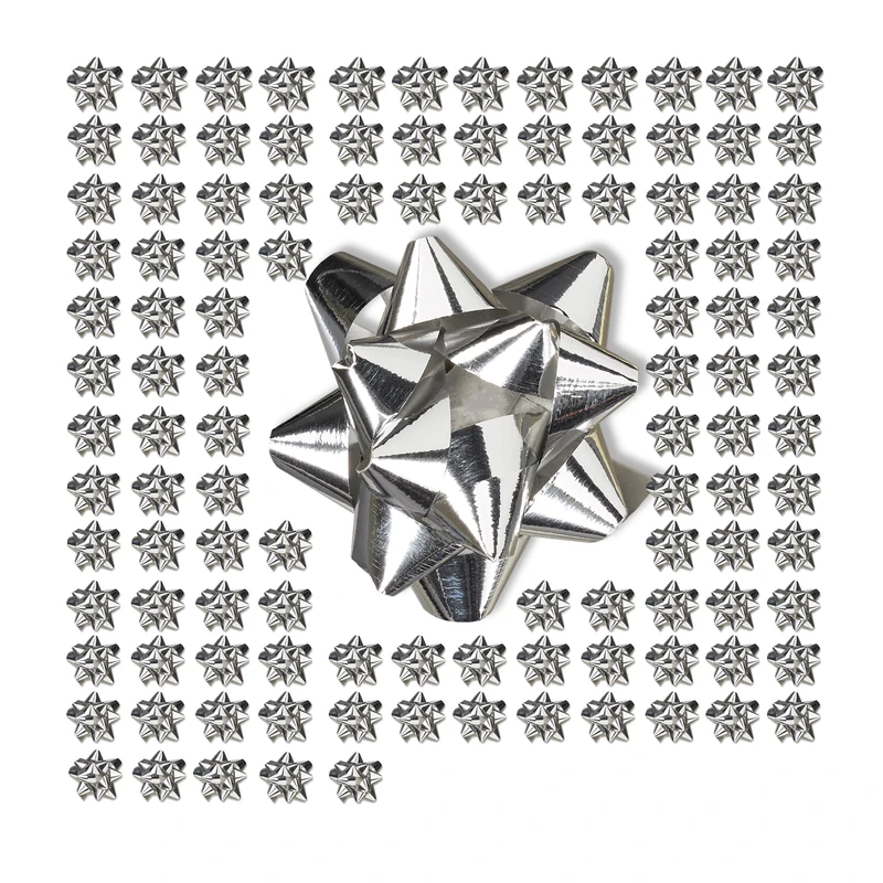 Relaxdays Gift Bows Set of 100, Self-Adhesive, Decorative Bows for Christmas and Birthday Presents, Ø 5 cm, Silver - Image 1