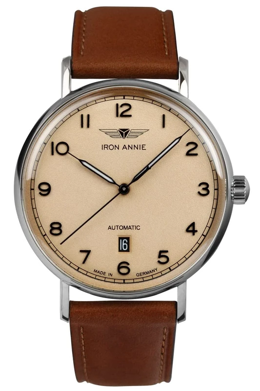 Iron Annie Men's 41MM Automatic Winding Watch, Beige Dial with Brown Leather Strap
