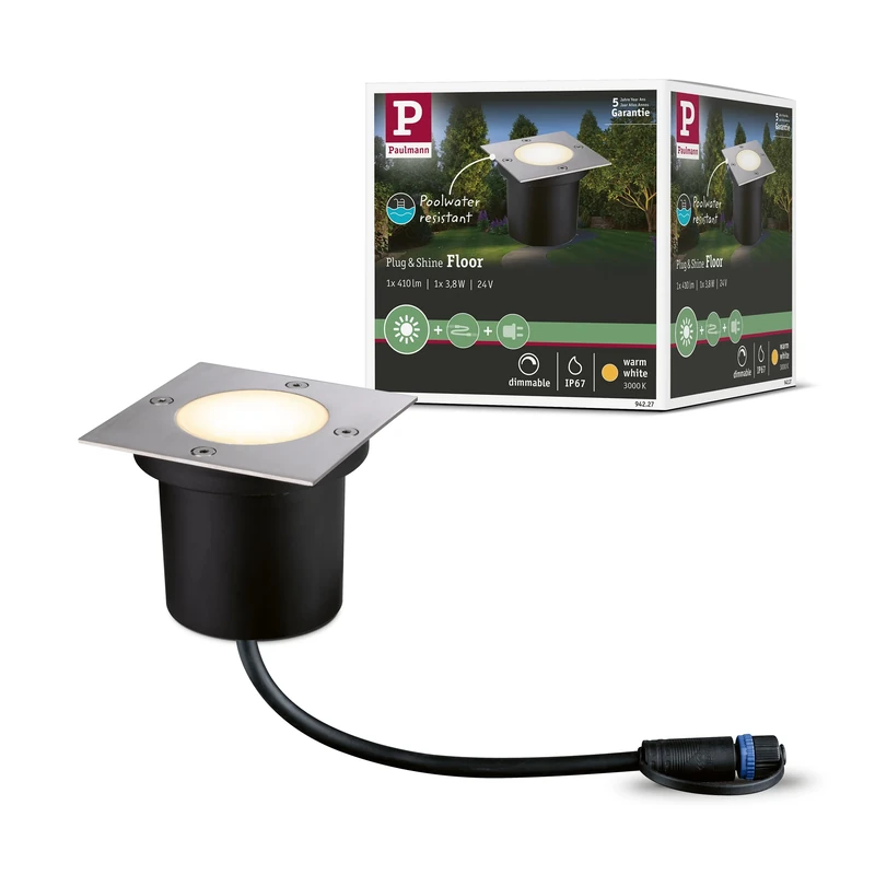 Paulmann 94227 Plug & Shine LED Exterior luminaire recessed Floor luminaire Rectangular incl. 1x3.6 watt IP65 dimmable Outdoors Stainless Steel Garden luminaire Metal, Plastic Garden Light 3000 K