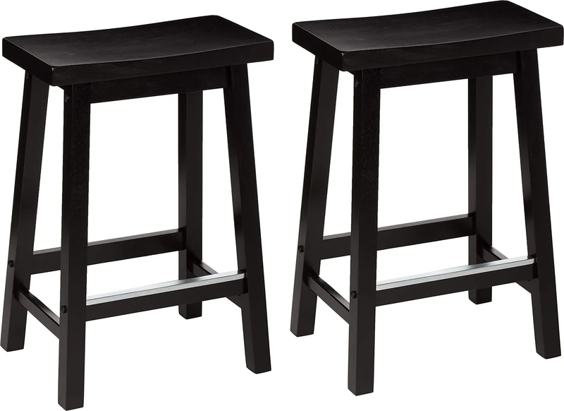 Amazon Basics Set of 2 Solid Wood Kitchen Counter Short Bar Stool, Dining Chair, Easy Assembly, Modern, 61 cm Tall, Black