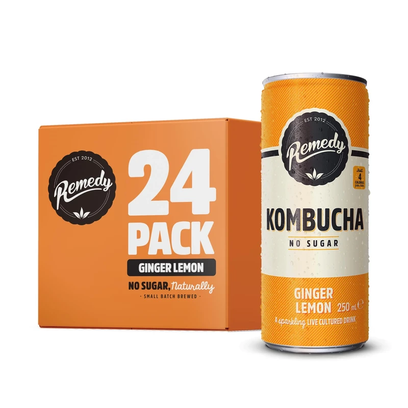 Remedy Raw Kombucha Tea - Sparkling Live Cultured Drink - Sugar Free Ginger Lemon - 250ml Can (24 Pack)