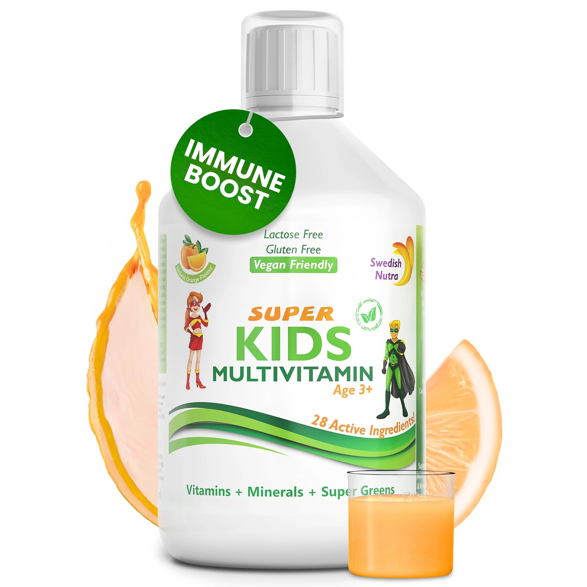 Swedish Nutra - Super Kids Multivitamin Liquid Food Supplement - 500 ml, 33 Day Supply | Vitamins, Minerals & Super Greens to Boost Growth, Energy & Immunity | Natural Orange Flavour | Age 3+