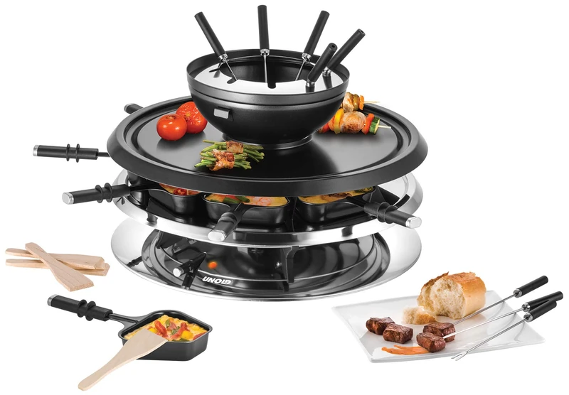 Unold 4-in-1 Raclette Grill & Fondue 48726 - Granite Hot Stone - Grill with Fondue - 8 Persons - 34cm - 1300W