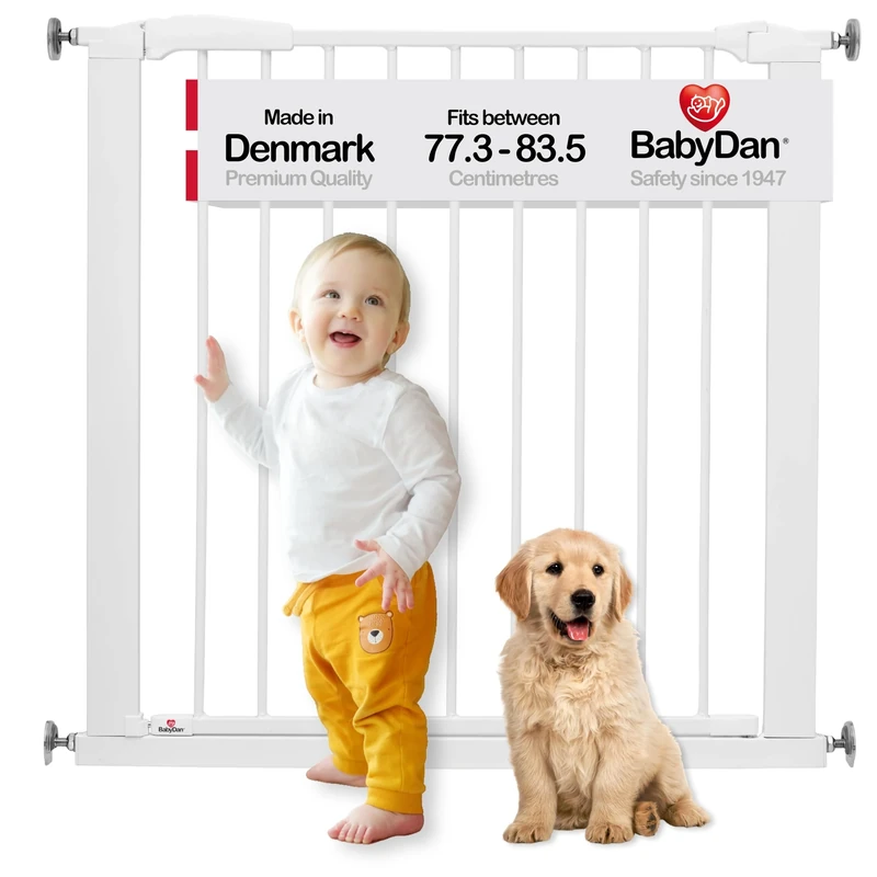 BabyDan Perfect Close, Pressure Fit Stair Gate, 77.3-83.5 cm, Baby Gate/Safety Gate, White, Made in Denmark - (Pet Gate/Dog gate)