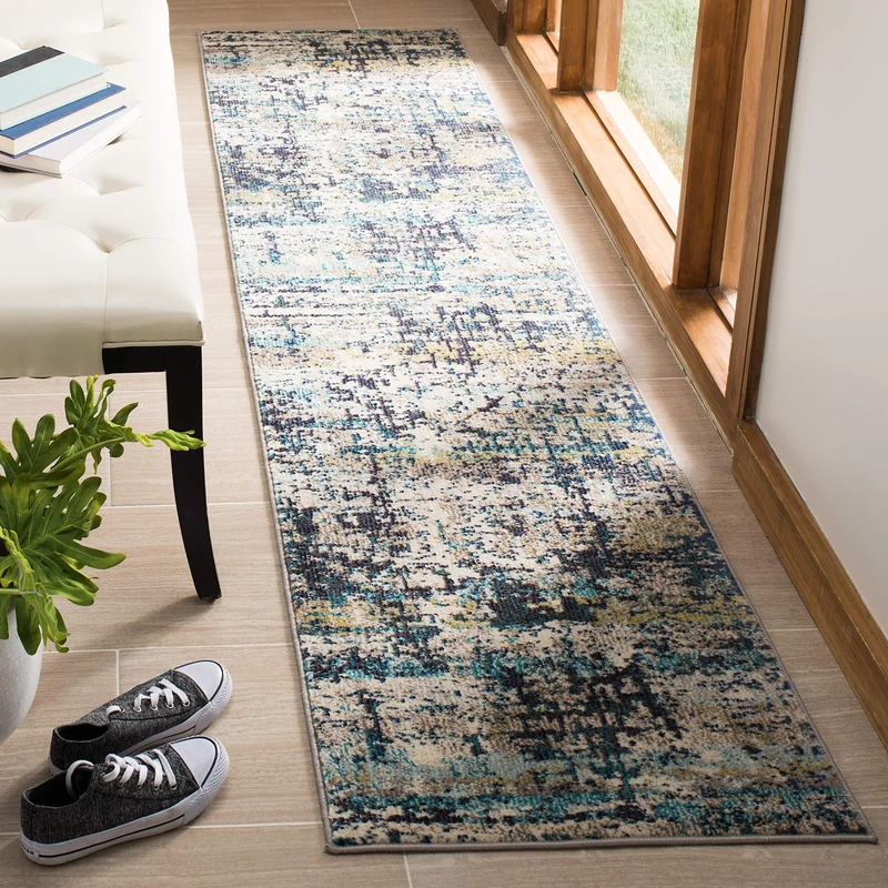 Safavieh Modern Chic Indoor Woven Runner Area Rug, Madison Collection, MAD469, in Cream / Blue, 61 X 244 cm for Living Room, Bedroom or Any Indoor Space