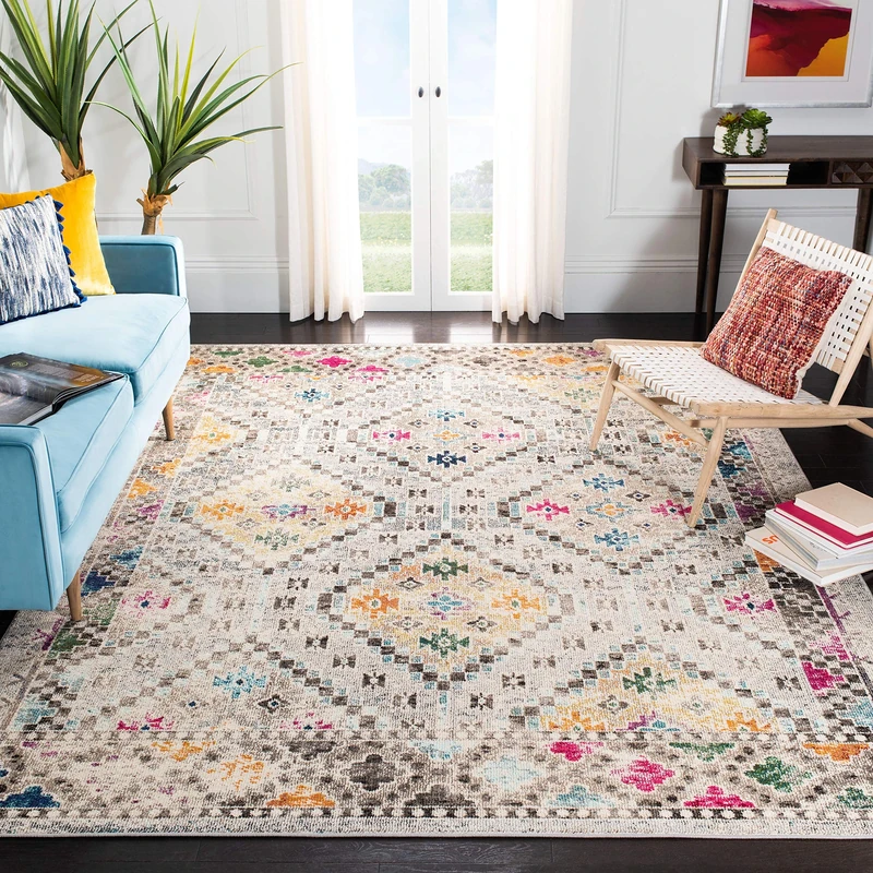 Safavieh Madison Collection Boho Rug for Living Room, Dining Room, Bedroom Rug, Short Pile, Grey and Yellow, 200 x 200 cm