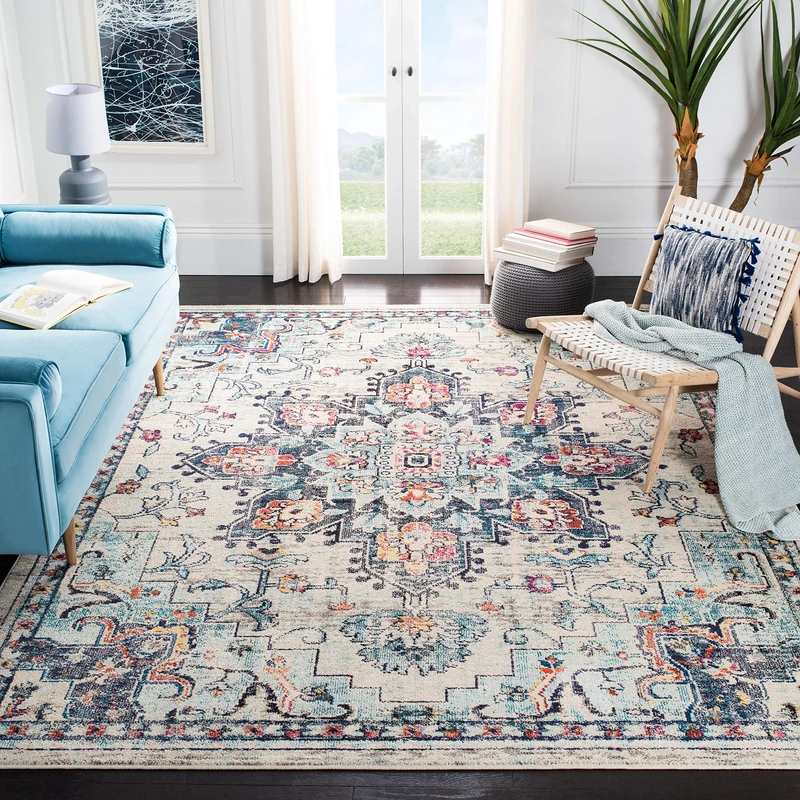 SAFAVIEH Boho Rug for Living Room, Dining Room, Bedroom - Madison Collection, Short Pile, in Cream and Blue, 244 X 305 cm