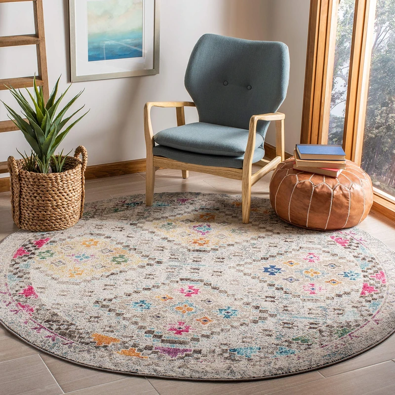 Safavieh Madison Collection Boho Rug for Living Room, Dining Room, Bedroom Rug, Short Pile, Grey and Yellow, 200 x 200 cm