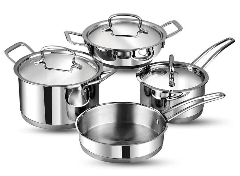 Vinod Classic Deluxe Stainless Steel Cookware Set, 4 Pc | 2.1 Litre Saucepan, 2.7 Litre Saucepot, 1.8 Litre Kadai with Lid & 20 cm Frypan | Induction Compatible - Silver