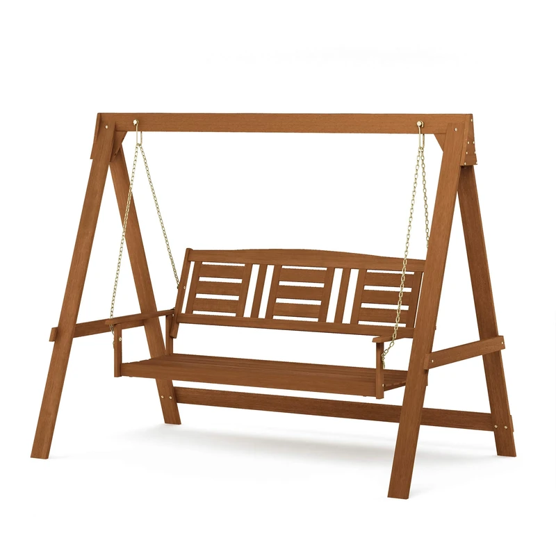 Furinno TIOMAN Porch Swing, Outdoor 3 Seater Wooden Swing with Stand, for Patio, Garden, Porch, Natural - Image 1