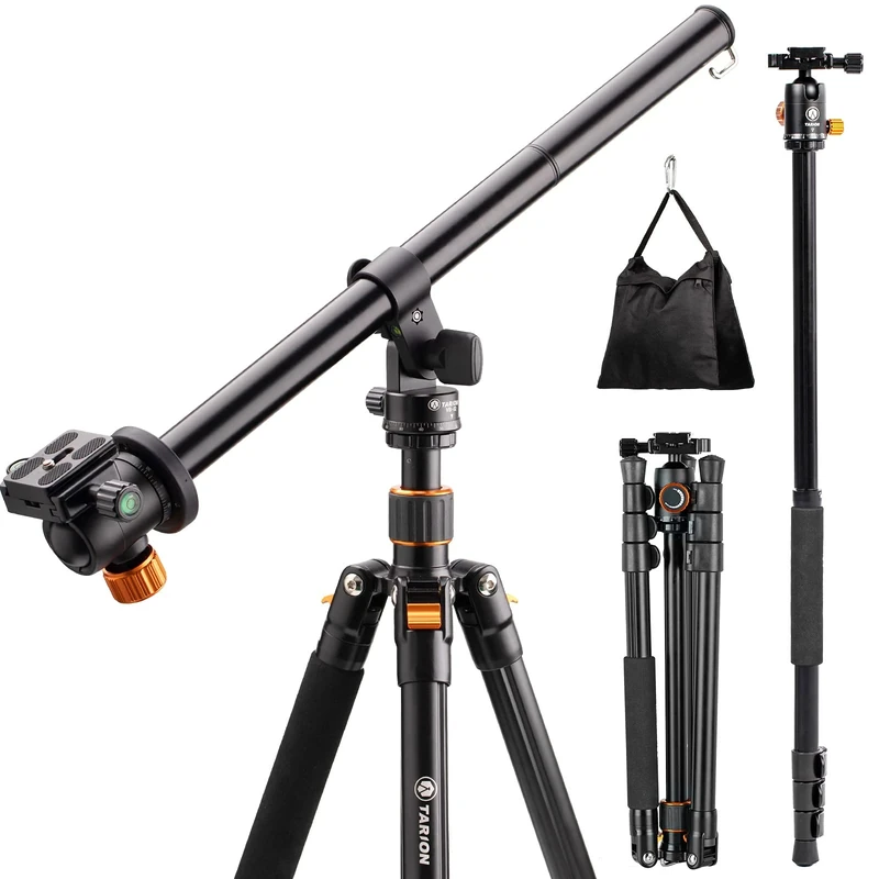 TARION Camera Tripod Monopod 61" Panorama Ball Head Foldable with 18.9" Horizontal Tripod Extension Arm Boom and Counterweight Sandbag for Overhead Photography and Filming (Tripod+Boom Arm)
