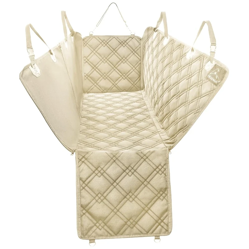 Meadowlark XL Dog Seat Covers Beige Unique Design & Full Car Protection-Doors,Headrests & Backseat. Side Flap, Waterproof Hammock Pet Seat Cover + Seat Belt & 2 Headrest Protectors