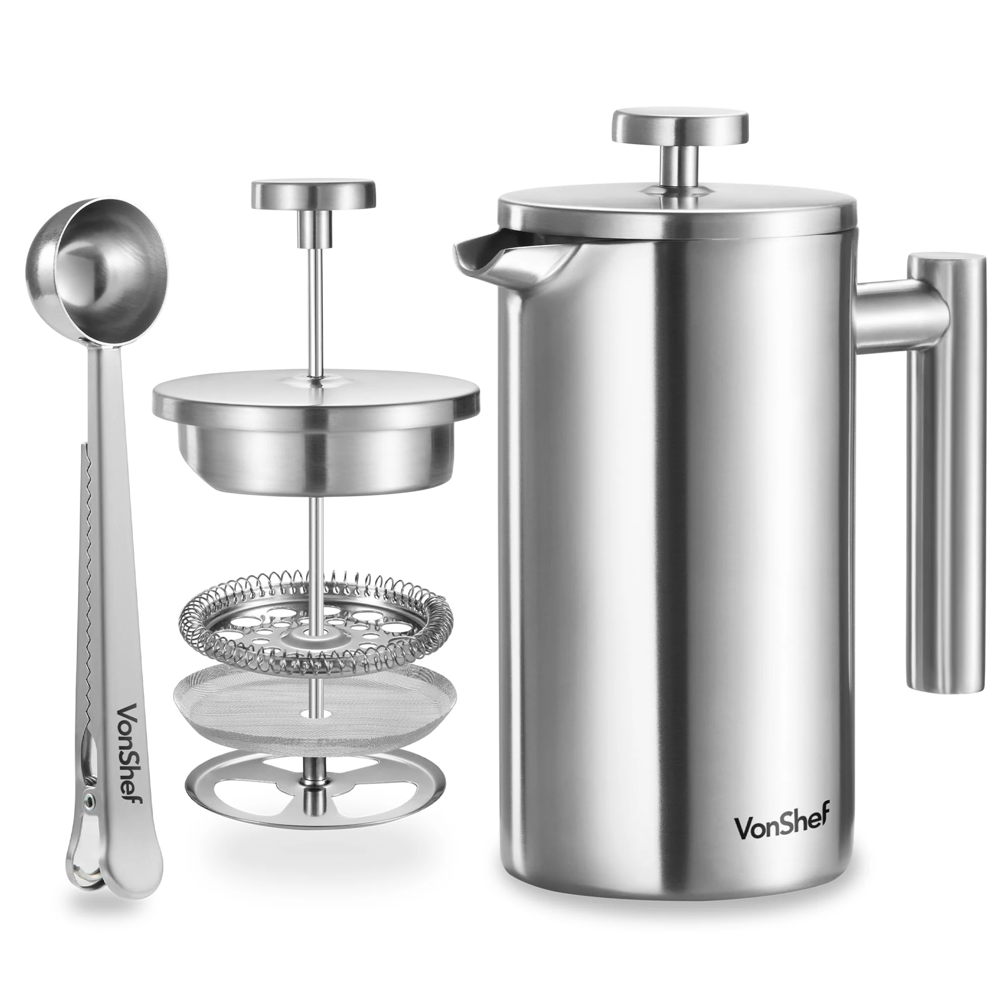 VonShef 6 Cup Cafetiere, Stainless Steel 800ml Double Walled French Press with Measuring Spoon/Bag Seal, Dishwasher Safe Filter Coffee Maker with Plunger