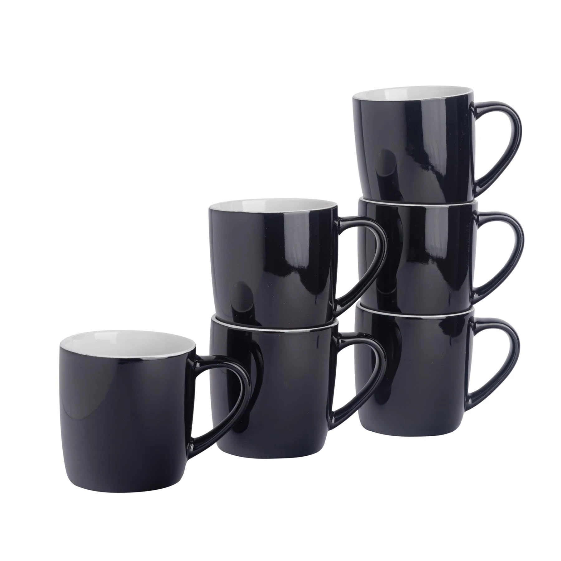 Argon Tableware Coloured Coffee Mugs - Black - 350ml - Pack of 6 - Gloss Ceramic Stoneware Latte Cappuccino Cups Hot Chocolate Cups Colourful Mug Set with Handle