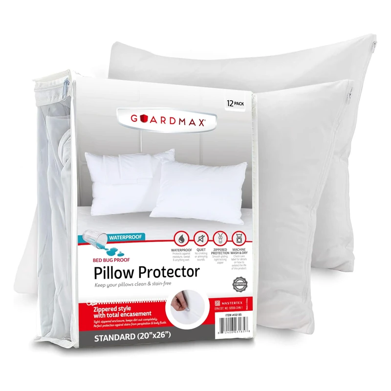 Guardmax 12 Pack Pillow Protectors Bedbug Proof Waterproof Hypoallergenic Covers - Zippered Pillow Cases (Standard)