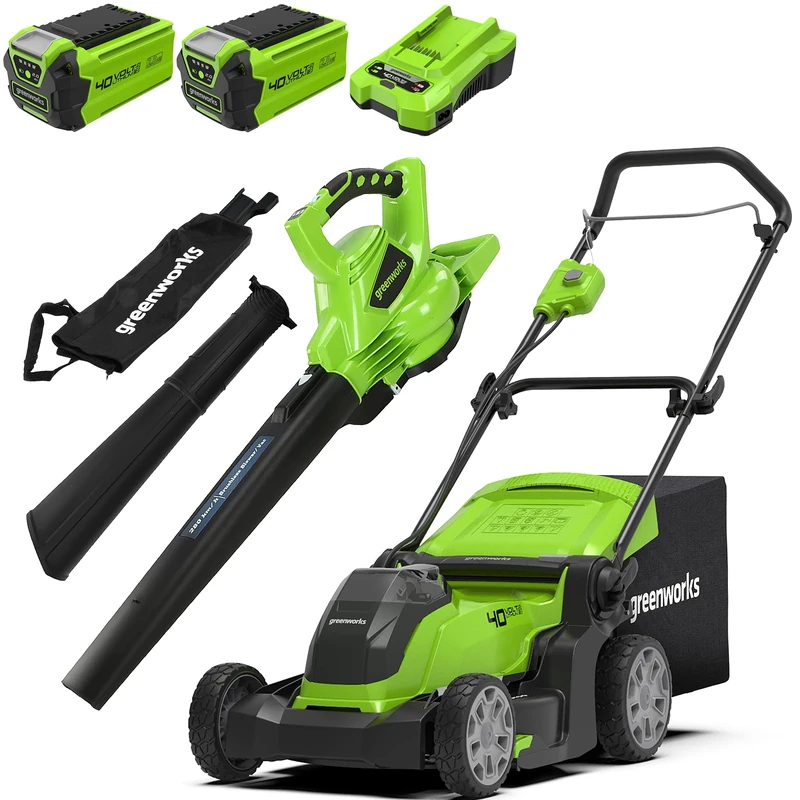Greenworks 40V Cordless Lawnmower , 41cm Cutting Width, Two of 40V 2Ah Batteries & One Charger -G40LM41K2X Bonus Cordless Leaf Blow Vac GD40BV , 3 Year Guarantee
