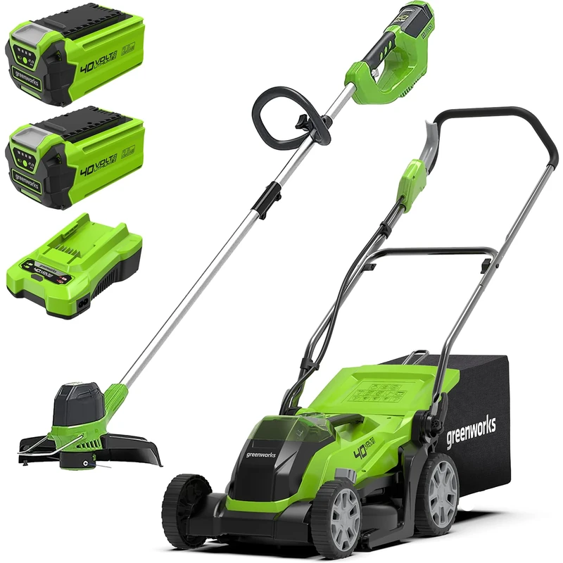 Greenworks Battery Lawn Trimmer G40LT + Battery Lawn Mower G40LM35 (Li-Ion 40 V 30 cm Cutting Width 7000 rpm 35 cm Cutting Up to 500 sq m 2-in-1 Mulching & Mowing with 2 x 2 Ah Batteries and Charger)