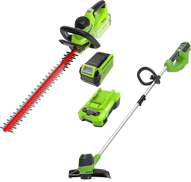 Greenworks Cordless String Trimmer G40LT & Cordless Hedge Trimmer G40HT61 (Li-Ion 40 V 30 cm Cutting Width 7000U/min 61 cm Cutting Length 27 mm Cutting Thickness 3000 CPM + 2Ah Battery & Charger)