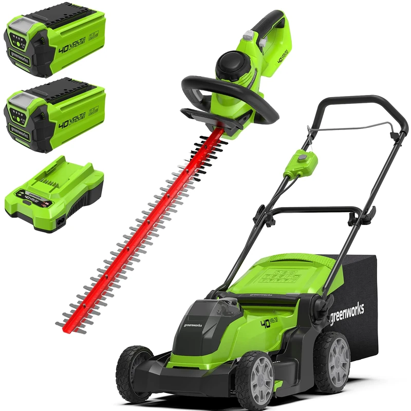 Greenworks 40V Cordless Lawn Mower 41cm (16") with 2x 2Ah batteries and charger - 2504707UC & Greenworks 40V Cordless Brushed Hedge Trimmer - Battery and charger not included - 2200907