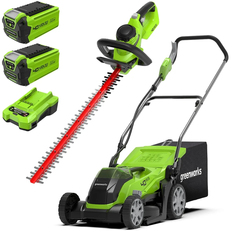 Greenworks 40V Lawn Mower 35cm + Hedge Trimmer - 2 Batteries