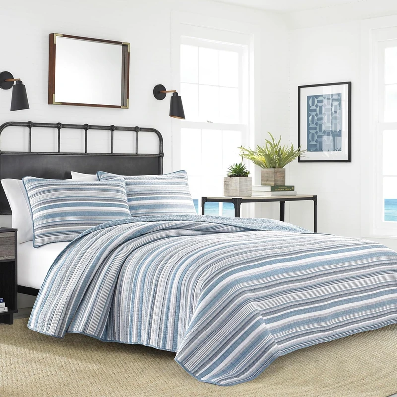 Nautica Cotton Quilt-Sham Set, Grey/Blue, Full/Queen