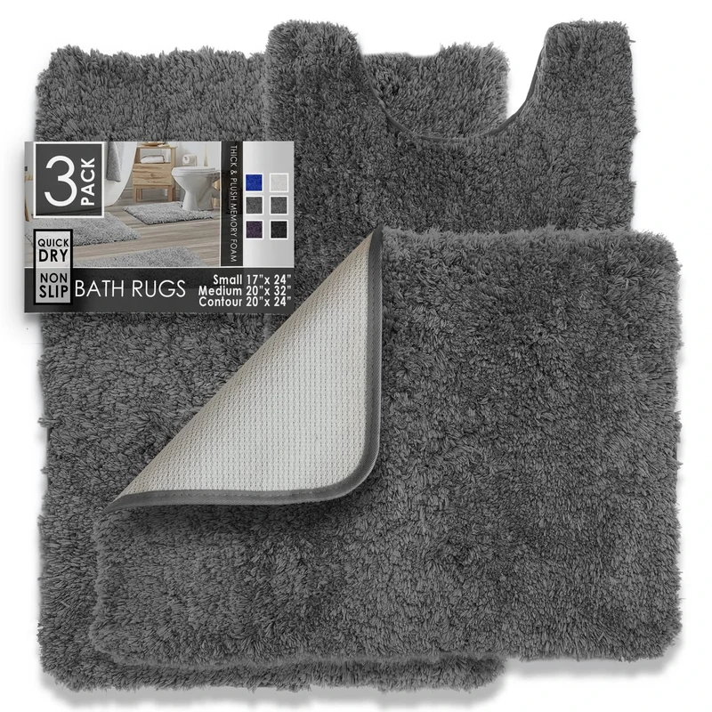 Clara Clark Bathroom Rugs, Ultra Soft Shaggy Bath Rugs - Bath Mats for Bathroom, Machine Wash, Non Slip Backing Rubber, 3 Piece Bathroom Rug Set, Gray