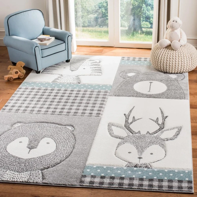 Safavieh Contemporary Indoor Woven Rectangle Area Rug, Carousel Kids Collection, CRK188, in Grey/Ivory, 122 X 183 cm for Living Room, Bedroom or Any Indoor Space