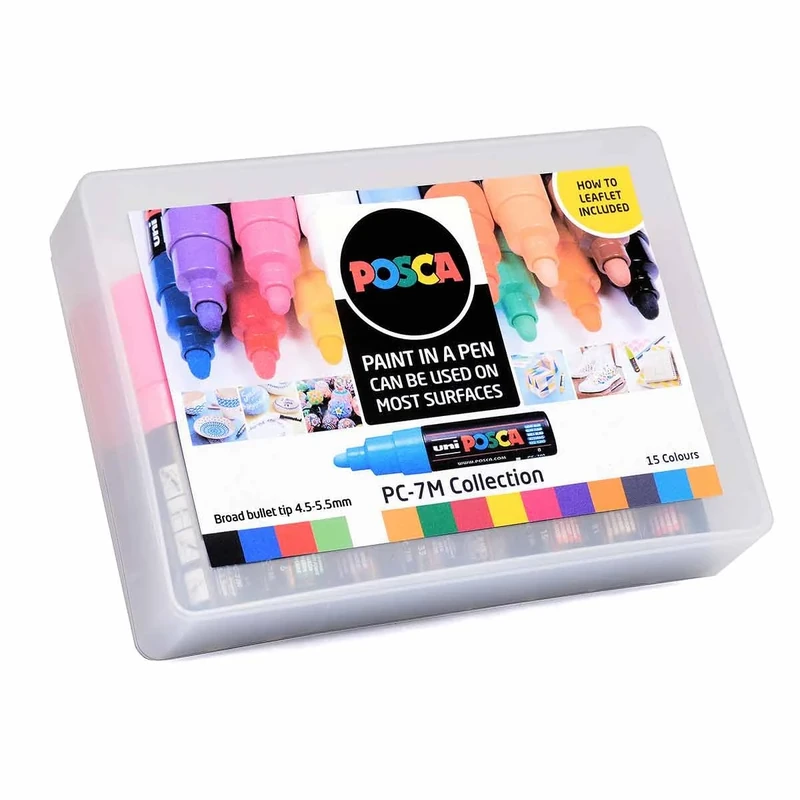 POSCA PC-7M Permanent Marker Paint Pens. Broad Bullet Tip for Art & Crafts. Multi Surface Use On Wood Metal Paper Canvas Cardboard Glass Fabric Ceramic Rock Pebble Stone Porcelain. Set of 15 Colours