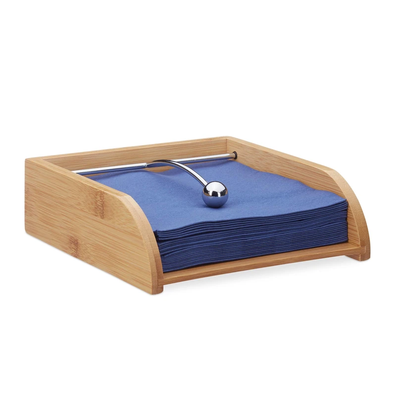 Relaxdays Bamboo Napkin Holder, 33x33 Napkins, Heavy Ball, Flat, Tableware Tissue Stand, Natural - Image 1