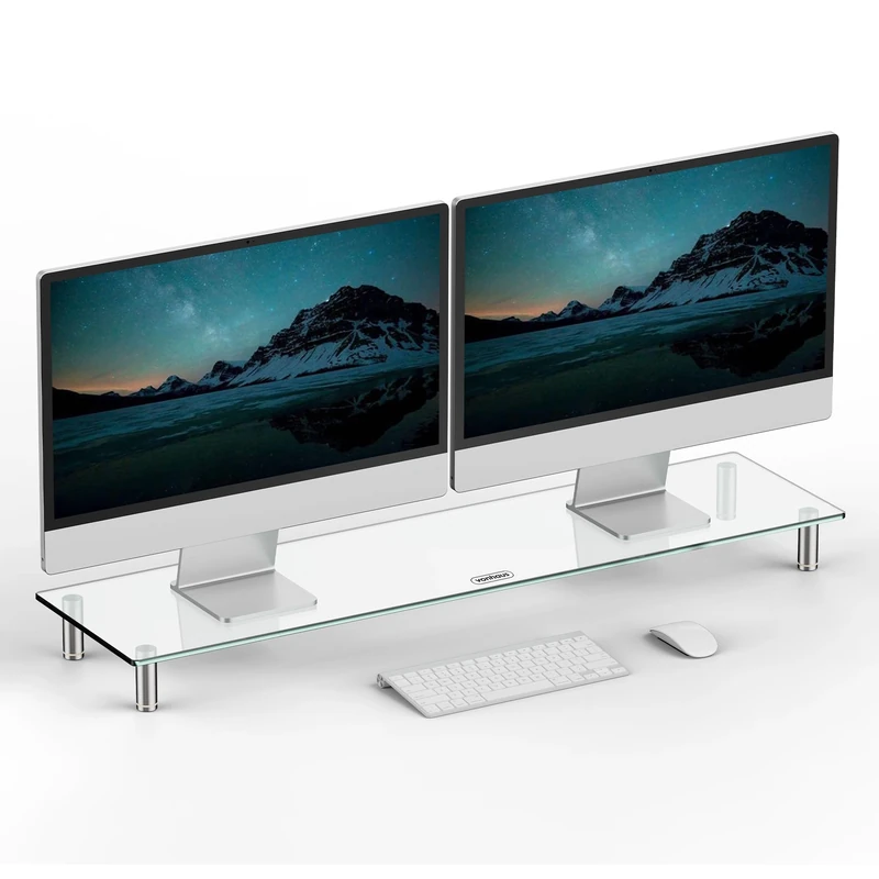 VonHaus Glass Monitor Stand for Desks, Height Adjustable Dual Screen Riser, 100x26cm Tempered Glass Monitor Stand w/Aluminium Legs, 20Kg Capacity