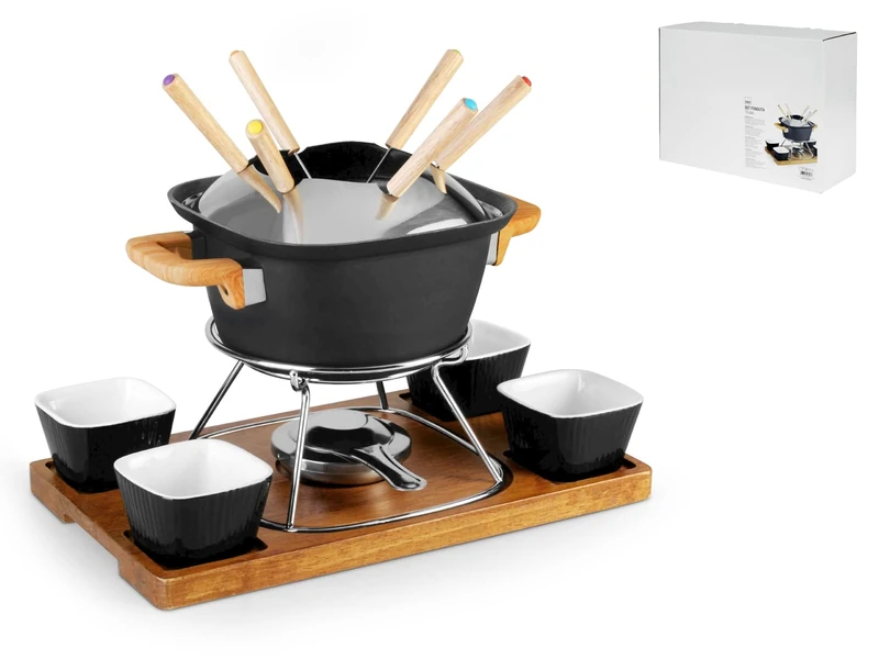 H&H Fonduta Set 15 Pieces for 6 People with 4 Ceramic Bowls, Black